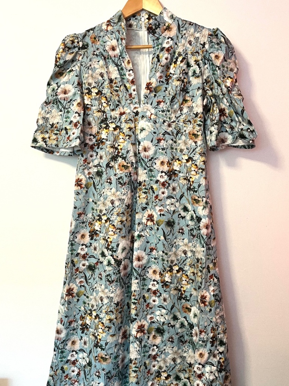 Blue Wildflower Floral Stand Collar Puffed Sleeve Flared Cotton Dress Size L